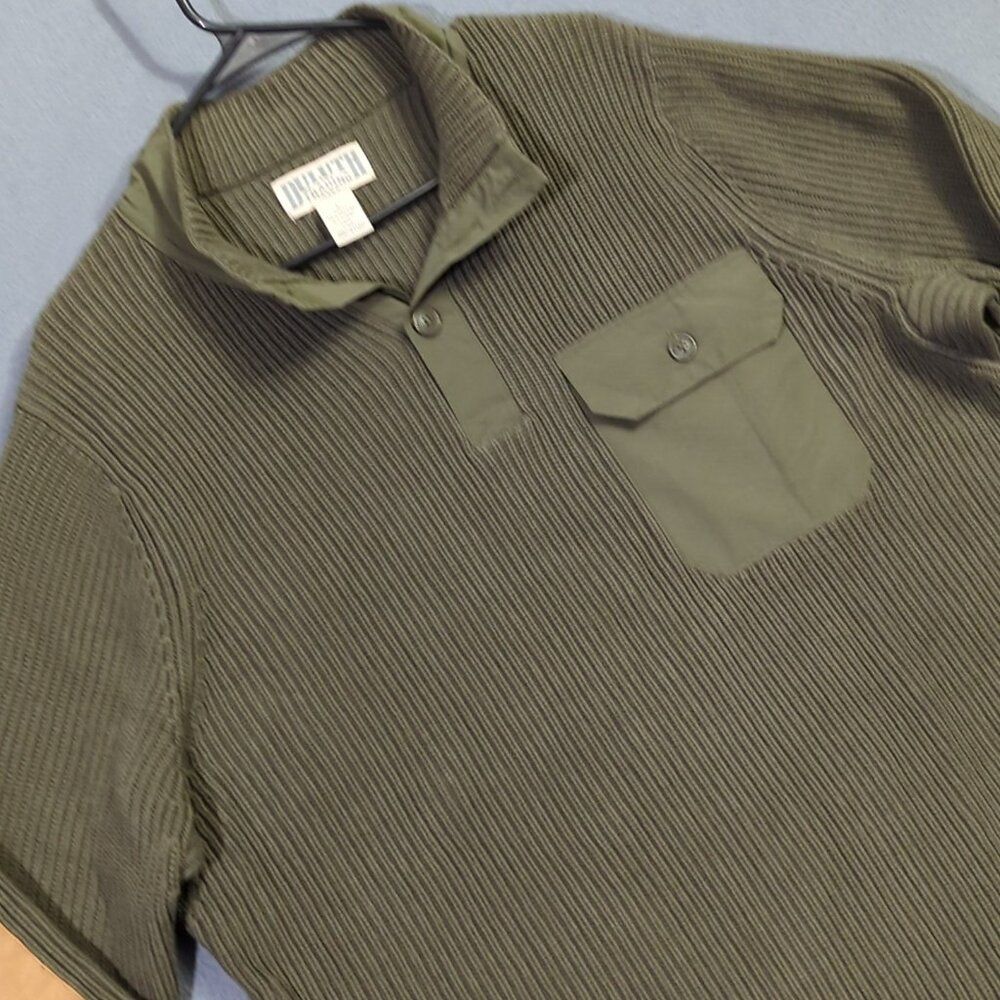 Duluth Brigadier Button Mock Sweater Men's L Green Cotton Wool Elbow Patches